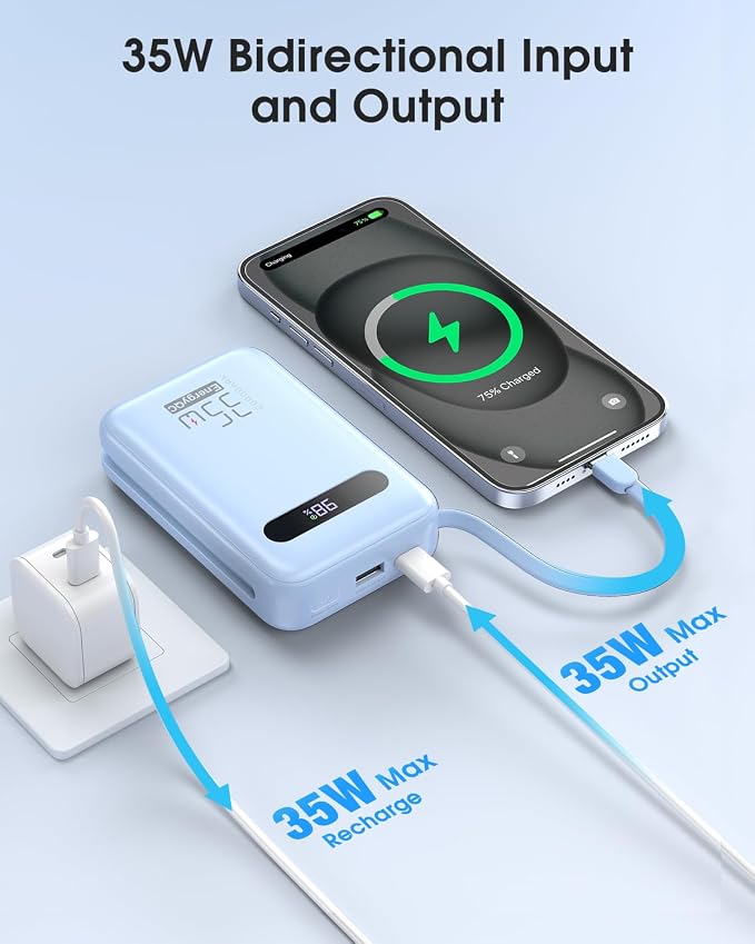 EnergyQC 20000mAh Portable Charger, 35W PD 3.0+QC 4.0 Fast Charging Power Bank with Built-in Lightning & USB-C in&Out Cables, Travel Battery Pack for iPhone 16/15/14/13, Samsung, iPad, Android, Blue - Image 5