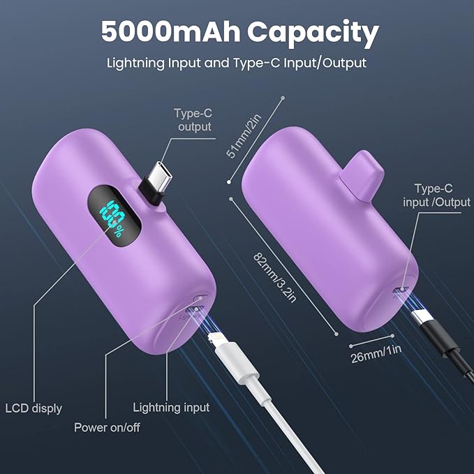 Mini Portable Charger 5000mAh Power Bank, 15w PD USB C Cell Phone Portable Power, LCD Display Battery Pack Compatible with Android Phone/Samsung Galaxy S22,S21/Note/Pixel/OnePlus 9 etc (Light Purple） - Image 6