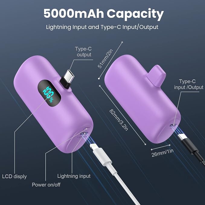 [2-Pack] Mini Portable Charger 5000mAh Power Bank,3A PD USB C Cell Phone Portable Power, LCD Display Battery Pack Compatible with iPhone 17/17 Air/16/16 pro/15/15 pro Max/Android/Samsung/Moto/LG etc - Image 5