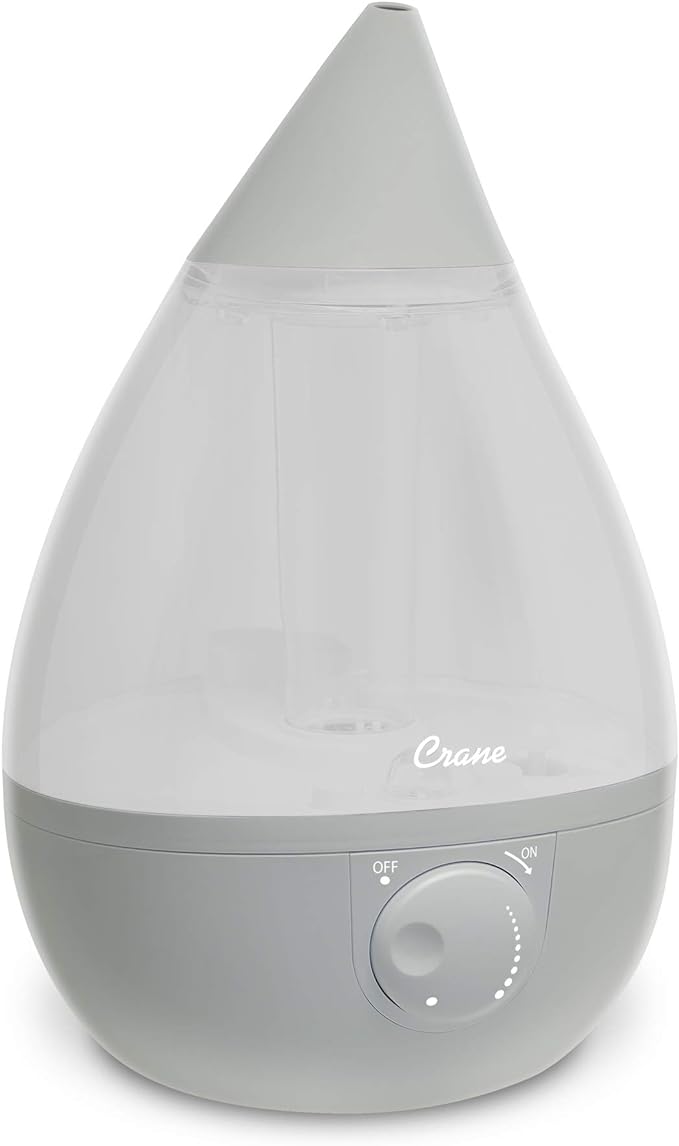 Crane Ultrasonic Teardrop Cool Mist Humidifier, Large 1 Gal Tank, Automatic Shut-Off, Baby Humidifiers for Nursery and Bedroom, Grey by Crane