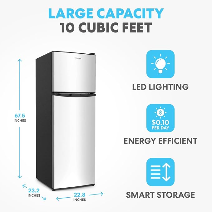 Simpli-Magic 10 Cu.Ft. Fridge with Freezer – Double Door Compact Refrigerator for Office, Dorm, Bedroom, Garage – Adjustable Thermostat, Large Capacity, Stainless Steel Finish - Image 2