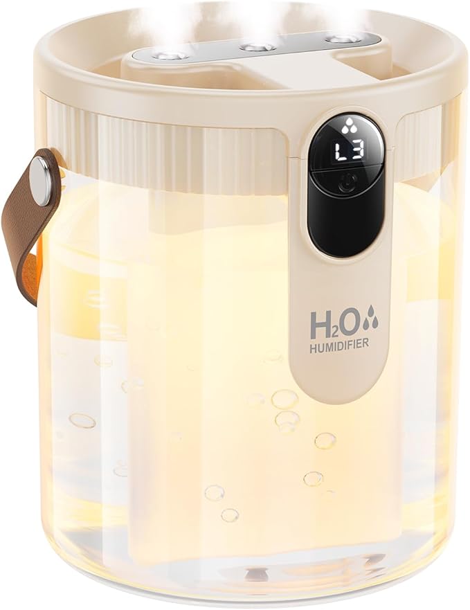 Rechargeable Portable Top Fill Humidifier, Smart Humidifiers for Bedroom, Night Light, 1.4L Cool Mist Humidifier for Office Home Plant Baby, 3-Speed Mist Control, Quiet, Auto Shut-Off (Beige) by KIMMOO