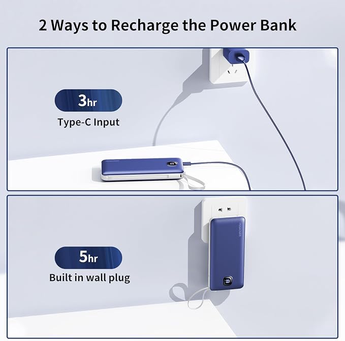 penaover Portable Charger with Built-in Cables&AC Wall Plug,Slim 10000mAh 22.5W Fast Charging Power Bank,5 Output 2 Input USB-C External Battery Pack Compatible with iPhones,Samsung,Android, etc - Image 5