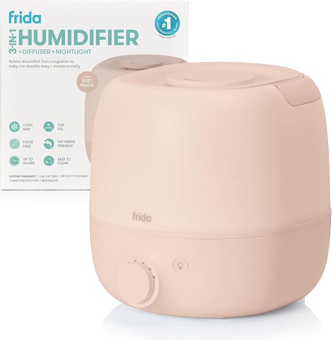 Frida Baby 3-in-1 Cool Mist Humidifier for Large Rooms, Top Fill Humidifier for Bedroom, Allergy Relief, 60 Hour Runtime + Nightlight, Auto Shut-Off, Quiet, Carry Handle, Essential Oil Diffuser by Frida