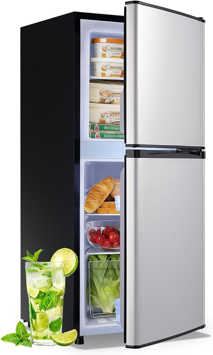 DEMULELR 3.9Cu.ft Refrigerator with Freezer Black Two Door Fridge with Crisper Drawer & Extra Drink Space, LED Light, Full-Size Fridge for Dorm Office 17.5"D x 17"W x 40"H，Silver by DEMULLER