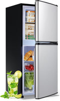 DEMULELR 3.9Cu.ft Refrigerator with Freezer Black Two Door Fridge with Crisper Drawer & Extra Drink Space, LED Light, Full-Size Fridge for Dorm Office 17.5"D x 17"W x 40"H，Silver by DEMULLER