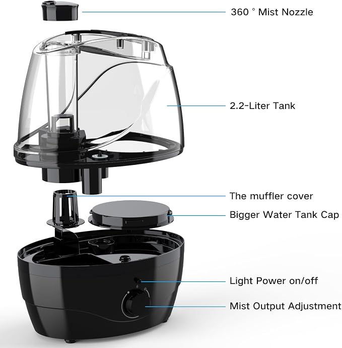 Humidifiers for Bedroom and Large Room, 2.2L Cool Mist Humidifier for Baby, 30 Hours with Whisper-Quiet Operation, Adjustable 360° Rotation Nozzle, Night Light Function, BPA Free - Image 7