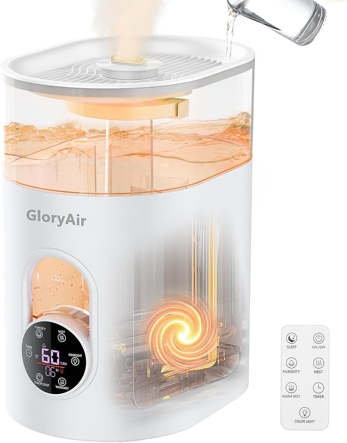 Humidifiers for Bedroom Large Room Home - GloryAir 6L Quiet Top Fill Cool & Warm Mist Humidifier with Smart Humidity Control, Remote Control, 7-Color Light, Humidistat, Oil Diffuser by PeaceCozinessComfortable