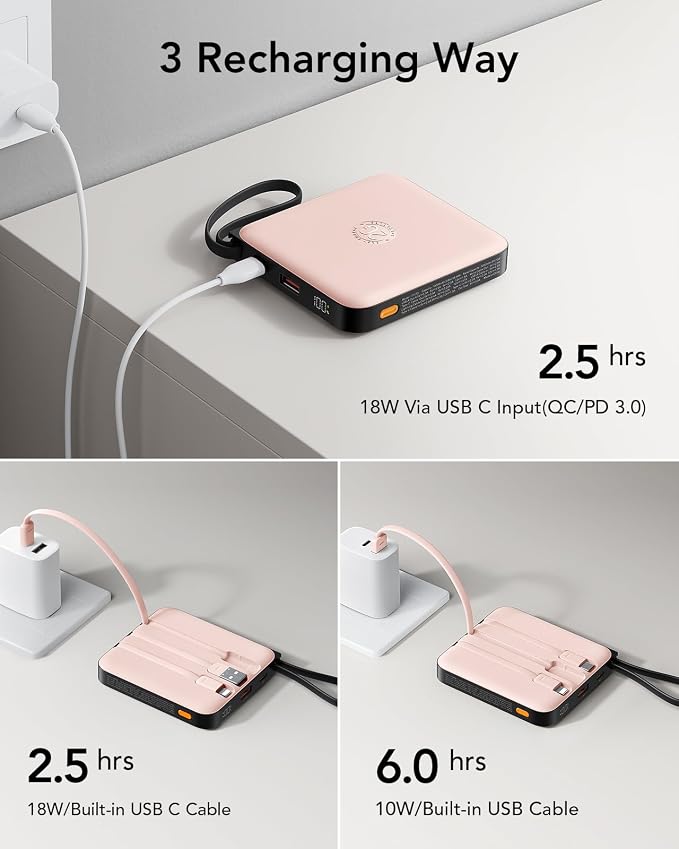 VRURC Portable Charger for iPhone Built-in Cables, 22.5W USB C Fast Charging 10000mAh Pocket Power Bank, Battery Pack for iPhone 17 16 & Samsung Galaxy S26 S25 etc Android, Pink(1 Pack) - Image 7
