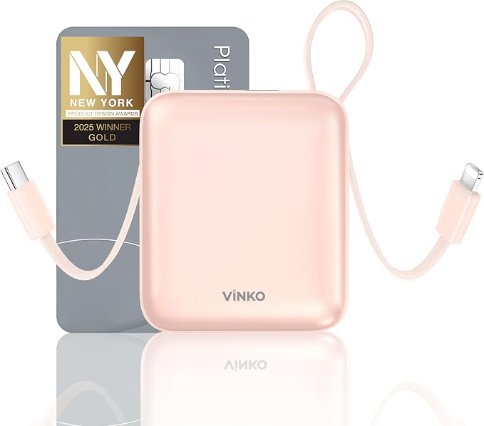 VINKO 10000mAh Power Bank Built-in Cables, Fast Charging with LED Display, Small Travel Battery Pack with Cords, Airplane Travel Essentials,Portable Phone Charger for iPhone 17 Smart Devcies(Pink) by VINKOPocketPowerBank