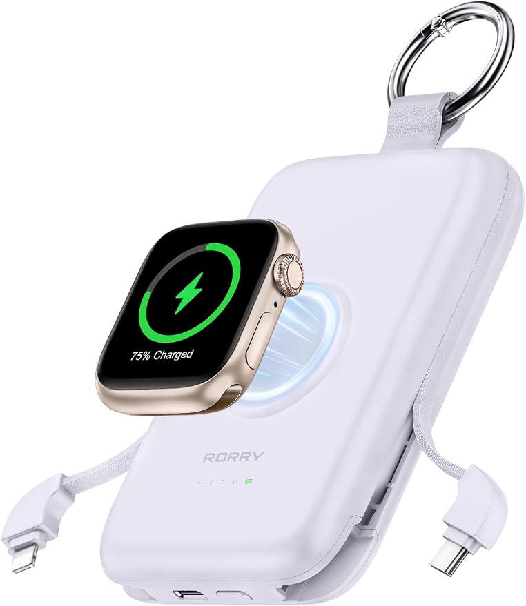 RORRY Portable Charger, 10000mAh PD 20W Fast Charging Portable Charger Power Bank with Built in Cables, Travel Battery Pack for iPhone and Apple Watch Ultra/11/10/9/8/7/6/5, Purple by RORRY