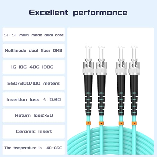 OM3 Fiber Patch Cable ST/UPC to ST/UPC 82ft/125meters 10BG/Gigabit Multimode - Image 2