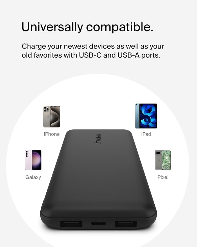 Belkin Portable Charger - 15W 3 Port Power Bank Battery Pack with 10000mAh Battery - Fast Charging for iPhone, Samsung Phone, More - USB C to A Cable Included - Image 8