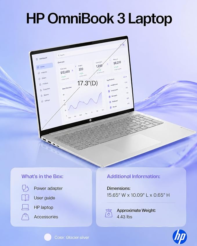 HP OmniBook 3 17.3" Touchscreen Laptop, AMD Ryzen 5 130 Processor (Up to 4.55 GHz), 16GB RAM, 1TB SSD, FHD IPS Display, Backlit Keyboard, Windows 11 Pro, Radeon 660M Graphics, Wi-Fi 6, Copilot+ PC - Image 7