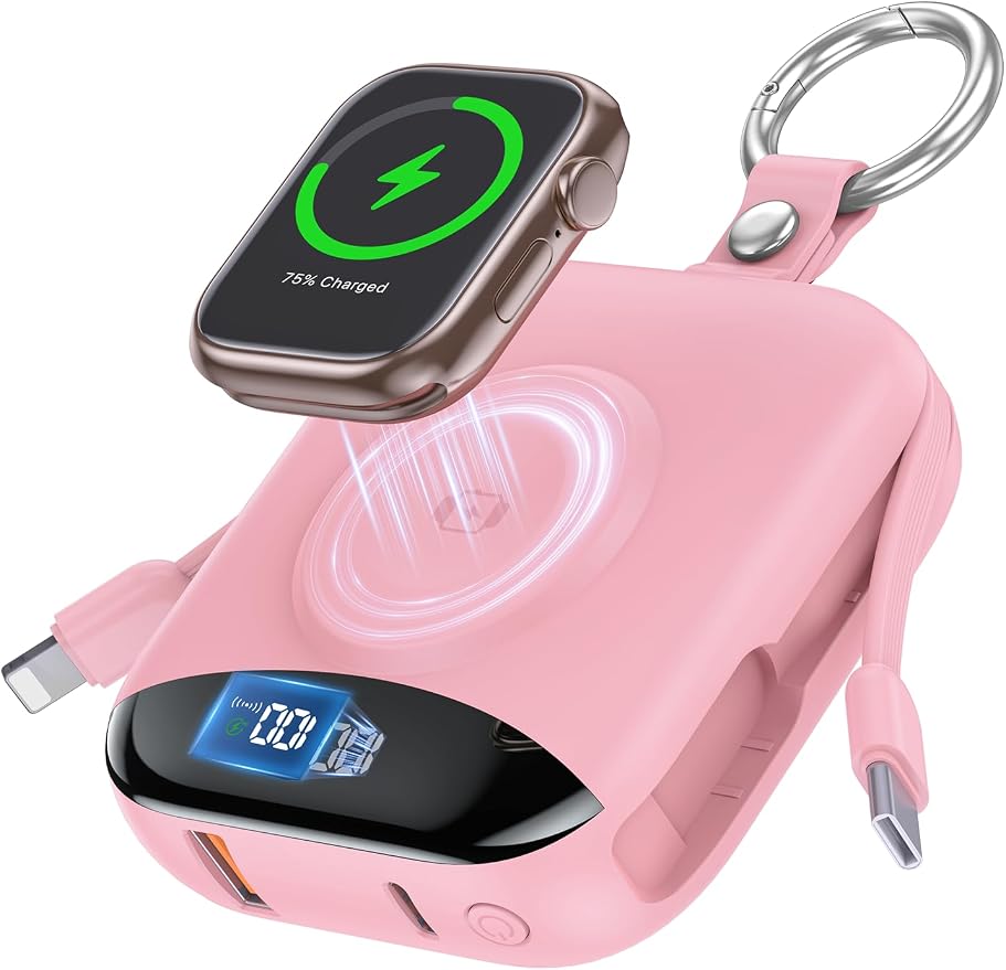 Portable Charger, 10000mAh 22.5W Fast Charging Power Bank with Built-in Cables, Travel Essentials Battery Pack with LED Display for iPhone, Portable iWatch Charger for 11/10/9/8/7/6/5/4/SE/Ultra Pink by CITICR