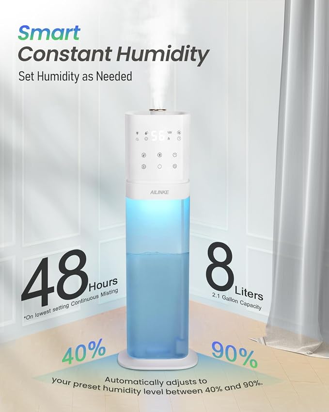 Smart Humidifier Large Room, 2.1Gal/8L Humidifiers for Bedroom with Extended Tube&Night Light, Whole House Cool Mist Humidifiers, WIFI App&Voice Control, School/Office/Warehouse, White - Image 9