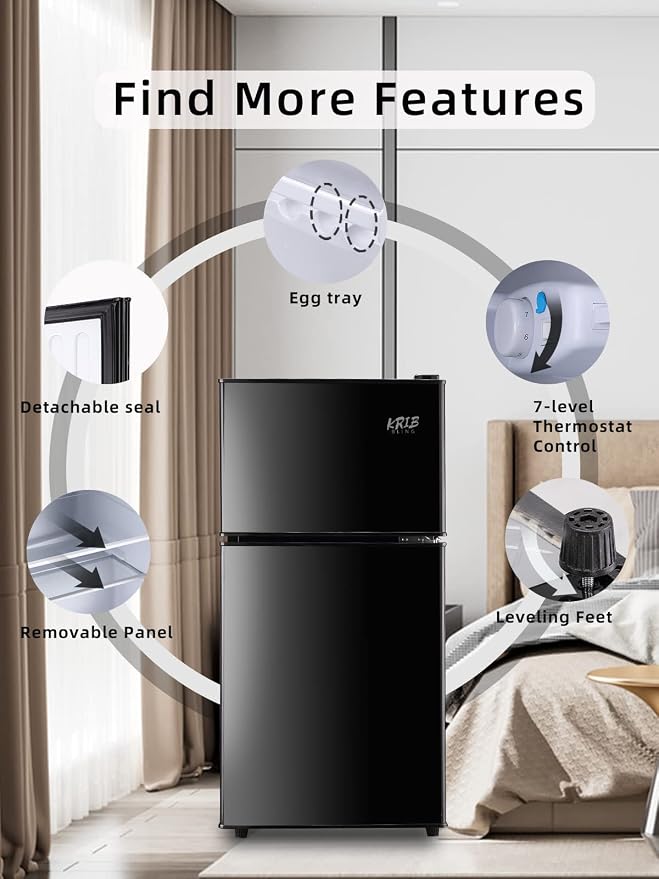 Refrigerators with Freezer on Top, Fridge 7- Level Adjustable Thermostat, Refrigerator for Apartment, Office, Camping, Black - Image 3