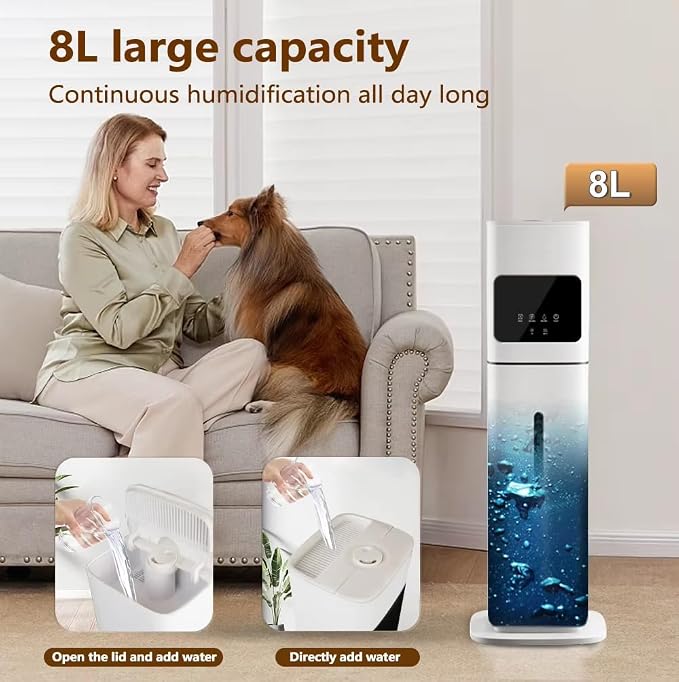 Smart White Humidifier, 2.1Gal/8L Large Capacity Cool Mist Humidifier with 3 Mist Levels, Auto Humidity Control, Timer & Auto Shut-Off, LED Panel & Remote, 360° Nozzle for Nursery, Office, Plants - Image 8