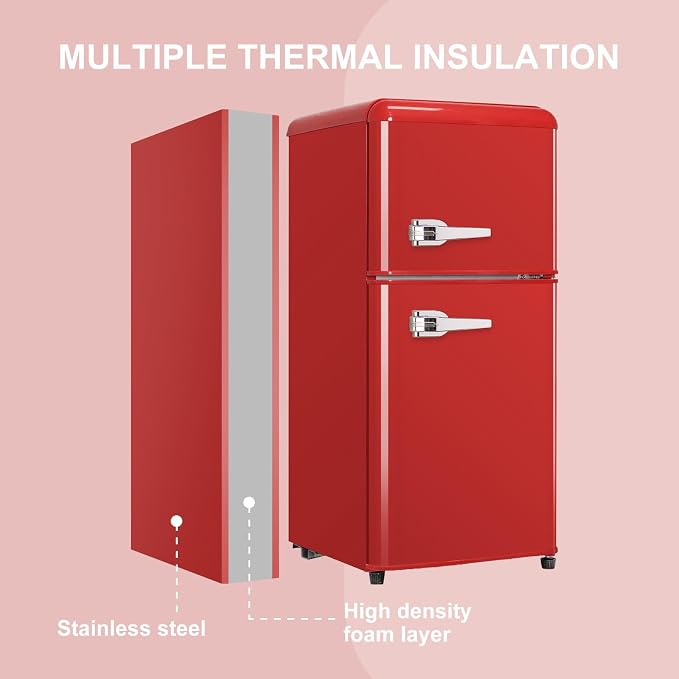 Mini Fridge with Freezer, 3.2 Cu.Ft Retro Double Door Refrigerator with 7 Level Thermostat, Adjustable Removable Glass Shelves for Bedroom Office Apartment Dorm Bar (RED, 3.2 Cu.Ft.) - Image 5