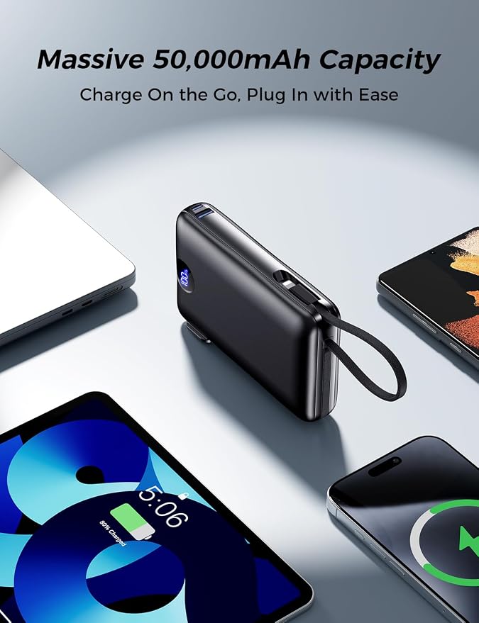 Power Bank, 50000 mAh Portable Charger with Built in Cable & Wall Plug, 22.5W Fast Charging, Travel Essential Battery Pack with LED Display for iPhone 17/16/15/14 Series, Galaxy, iPad Black - Image 5