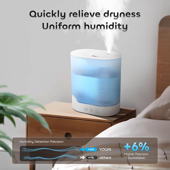 YOGIN Air Humidifier for Bedroom, 3L Top-Fill Cool Mist Humidifier & Essential Oil Diffuser, Ultra-Quiet <24dB, Smart Humidity Control, Up to 40H Runtime - Image 3
