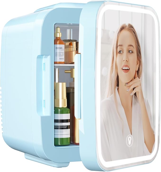 OSTBA Skincare Fridge Mini Fridge for Bedroom with Dimmable LED Mirror, 4Liter/6 Cans Cooler and Warmer for Makeup, Cosmetic, Beauty, Portable Refrigerator for Bedroom, Vanity, Office and Car by OSTBA