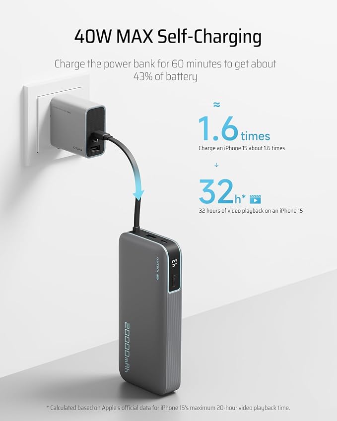 CUKTECH 45W Power Bank 20000mAh, Portable Travel Charger Built-in USB C Cable, Fast Charging Battery Pack for iPhone 16/15/14/13, iPad, Samsung Galaxy, Google Pixel, Android and More (Gray) - Image 7