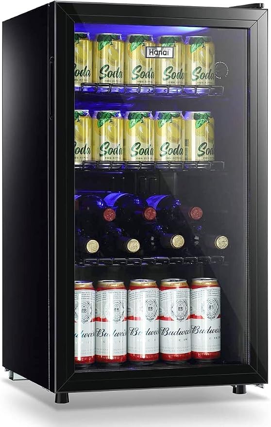 Mini Fridge Glass Door 120 Cans Beverage Refrigerator Small Wine Cooler Clear Front Drinks Fridge for Soda Beer Bar Home Office with 7 Thermostat LED Lights 3.2 Cu. Ft by WANAI%C2%AE