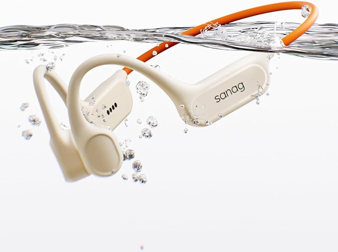 Sanag Swimming Bone Conduction Headphones Earbuds IPX8 Waterproof Underwater 8H Playtime Wireless Bluetooth Earphones with 32GB MP3 for Running Cycling Sport, Beige by sanag