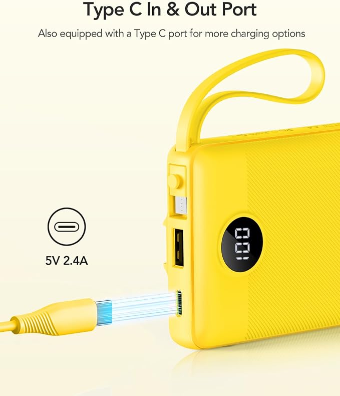 VRURC Portable Charger with Built-in Cables, 10000mAh LED Display USB C Power Bank, Slim Travel Battery Pack with 5 Output 2 Input Compatible with iPhone 17 16 15 13,Samsung,Android etc-Yellow(1 Pack) - Image 3