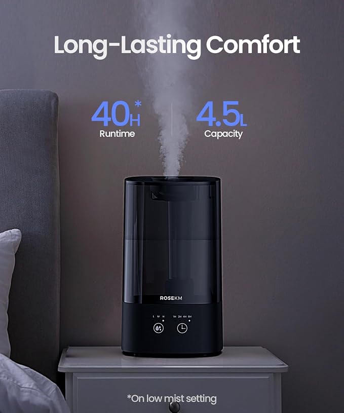 4.5L Humidifiers for Bedroom, Humidifiers for Home Large Room, Cool Mist Humidfiers for Baby and Plant with Timer, Adjustable Mist Level, 360° Nozzle, Auto Shut-Off, Black - Image 2
