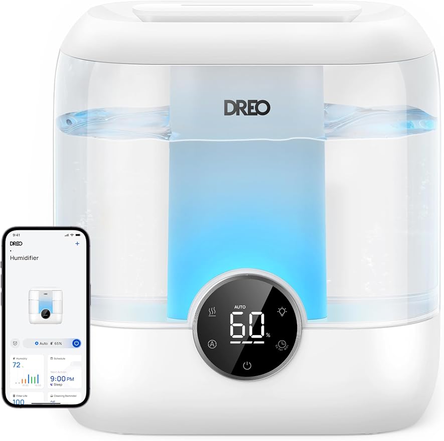 DREO Smart Humidifiers for Bedroom, 6L Top Fill Supersized Cool Mist Humidifier for Large Room, 60 Hour Runtime, Quiet Ultrasonic Humidifiers for Plants, Indoor, Home, Night Light, White by DREO