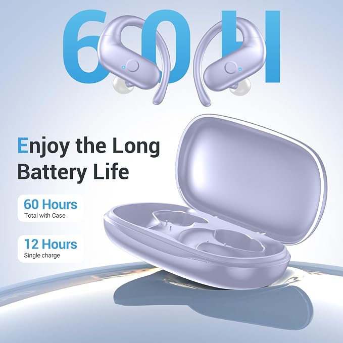 Sport Wireless Earbuds,60Hrs BT5.4 ENC IPX7 Waterproof Earhooks Deep Bass | 14.2mm drivers deliver rich stereo sound. Soft silicone ensures a secure, painless fit for long workouts. - Image 7