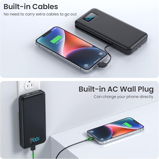 Portable Charger for iPhone with Built in Cables & Wall Plug,10800mah Travel Essentials Power Bank,4 Output LCD Display External Battery Pack Phone Charger for iPhone 17/16/15/14,Galaxy,Android etc - Image 5