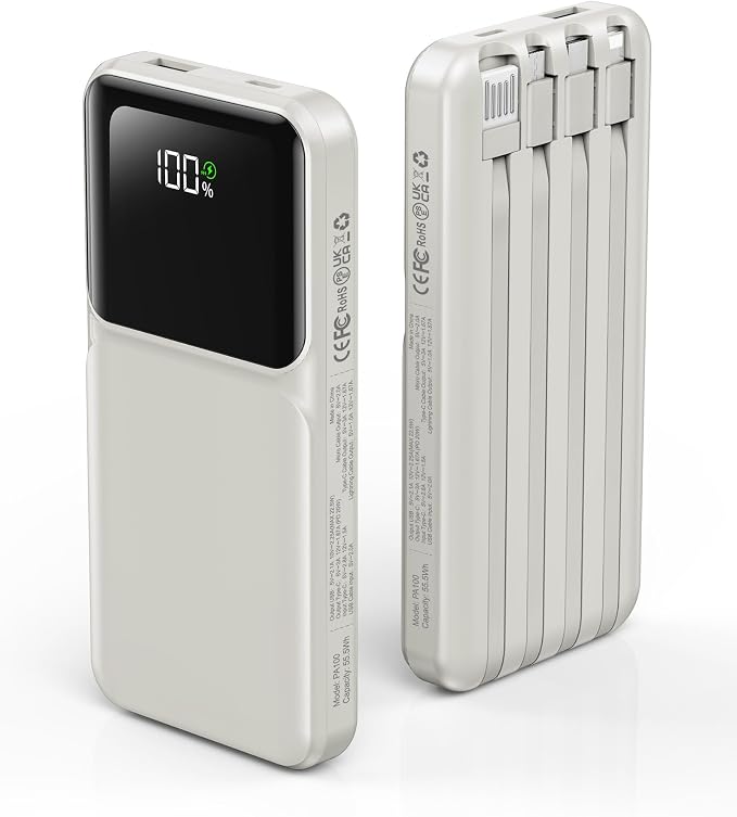 RONEGN Portable Charger with Built in Cable - Power Bank Fast Charging USB C LED Display 10000mah Battery Pack 5 Outputs & 3 Inputs for Travel Essentials iPhone Samsung Android Phones Tablets Grey by RONEGN