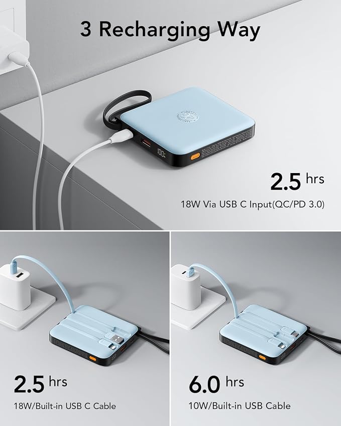 VRURC Portable Charger for iPhone with Built-in Cable, 10000mAh 22.5W Fast Charging USB C Battery Pack, Cell Phone Power Bank for iPhone 17 16 15 & Other Series (Blue) - Image 6