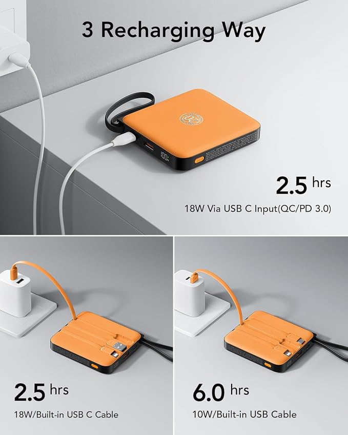 VRURC Portable Charger USB C for iPhone, Cargador Portátil para iPhone 10000mAh, Power Bank with Built-in Cables, 22.5W Fast Charging, LED Display, Slim for iPhone 17 Pro Max & Series (Orange) - Image 5
