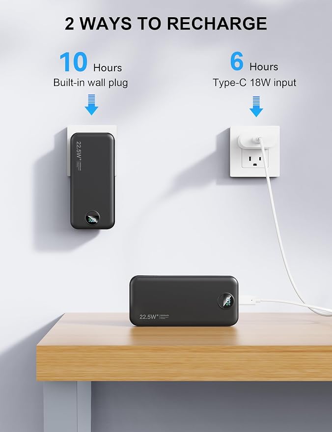 Portable Charger, 20000mAh 22.5W Fast Charging Power Bank with Built-in Cables & Wall Plug, USB C External Battery Pack with LED Display, Travel Essentials Phone Charger for iPhone iPad Samsung Black - Image 7