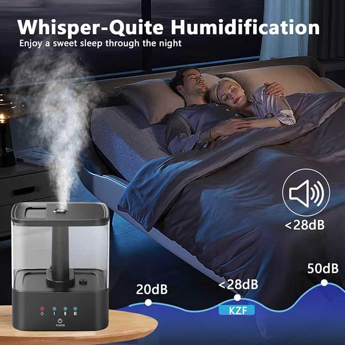 KZF 4L Top Fill Humidifiers for Bedroom & 60H Runtime - Cool Mist Humidifier, 3 Mist Levels, 8H Timer, Essential Oil Tray, Humidity Display, Quiet for Bedroom, Baby, Plants, Large Room (Black, 3.8L) - Image 2