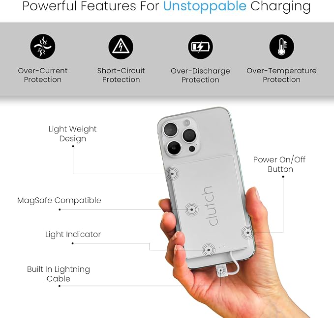 Clutch Pro – World's Thinnest iPhone Charger – Portable Power Bank 5000mAh – Magnetic Built-in Lightning Cable – TSA Approved Travel Charger – iPhone 14 & Earlier – White - Image 4