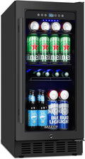 15 Inch Beverage Cooler Refrigerator, 15" Beverage Cooler Under Counter 130 Cans Beverage Fridge with Glass Door, Freestanding or Built-In Mini Drinks Fridge with Lock for Soda, Beer, Black by MZAVP