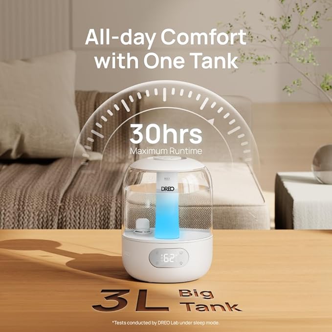 DREO Humidifiers for Bedroom, 3L Top Fill 30H & 26dB Quiet Runtime for Large Room, Cool Mist Ultrasonic Humidifier with Humidity Sensor, Night Light for Home, Baby, Nursery, Plants, New Edition - Image 6