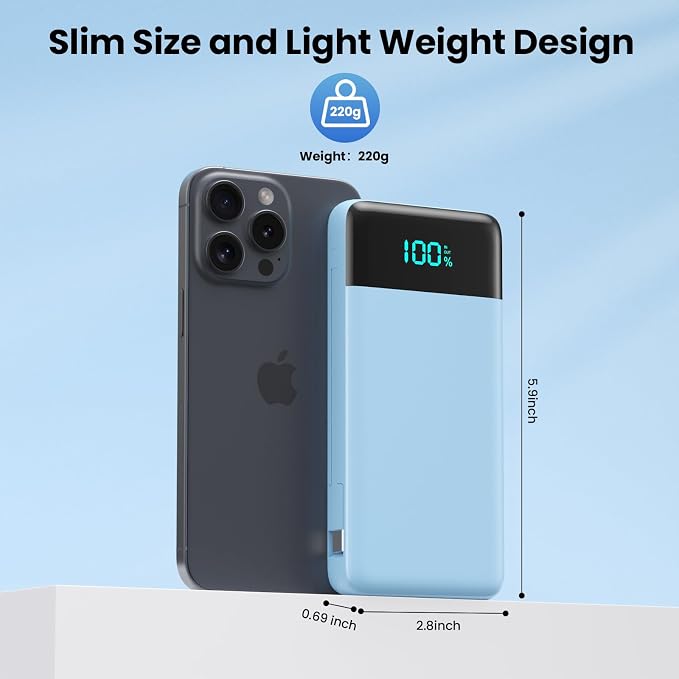 Portable Charger for iPhone with Built in Cables and Wall Plug,Upgraded 13800mAh Fast Charging USB C Power Bank,4 Outputs Travel Essential Battery Pack Compatible with iPhone 17/16/15/14,-Light Blue - Image 5