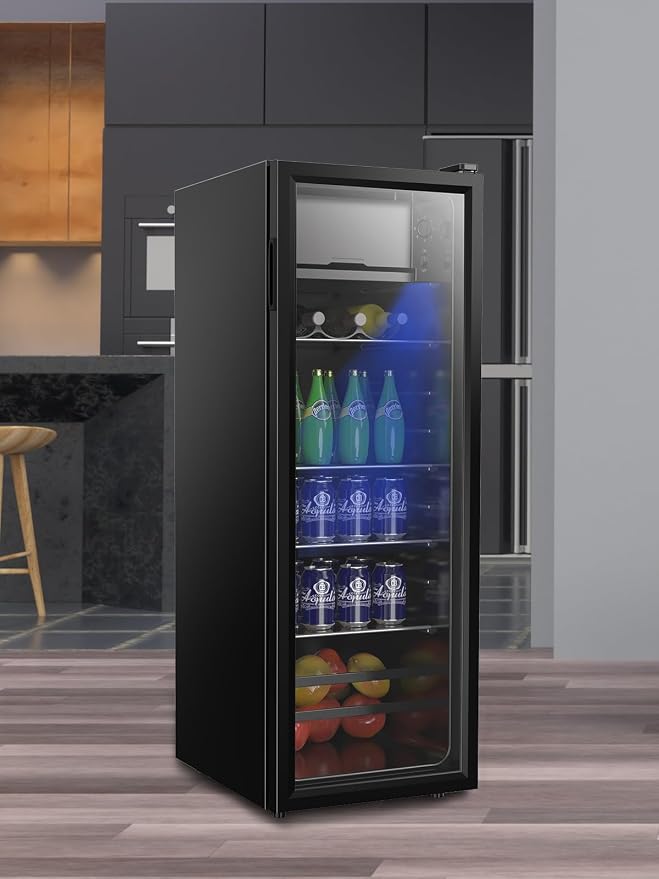 Beverage Refrigerator Cooler 180 Can Freestanding Beverage Cooler with Adjustable Shelving Glass Door for Beer Soda or Wine for Home Office or Bar - Image 8