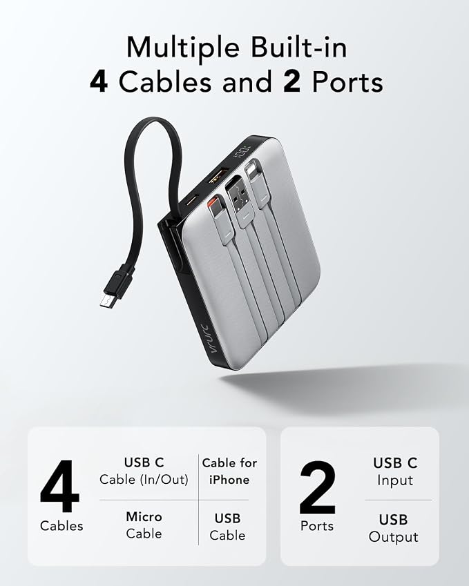 VRURC Portable Charger with Built-in Cable, 10000mAh 22.5W Fast Charging USB C Battery Pack, Cell Phone Power Bank for iPhone 17 16 15 Series Android Tablet (Grey) - Image 2