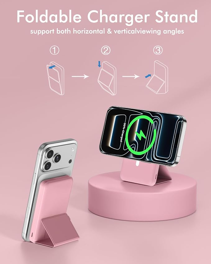 podoru for Magsafe Battery Pack, Foldable 10000mAh Magnetic Power Bank with USB-C Cable LED Display 22.5W PD Fast Charging Wireless Portable Charger for iPhone 17/16/15/14/13/12 Series-Pink - Image 4