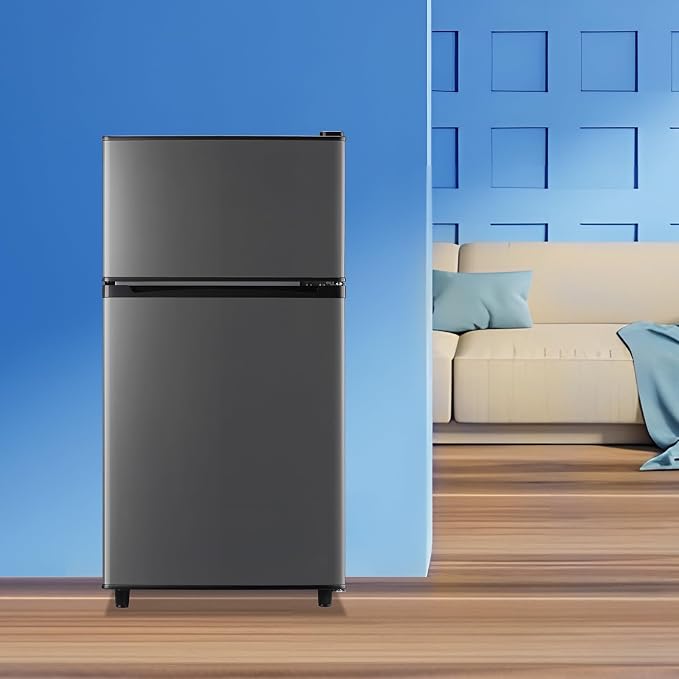 3.5 Cu.Ft Grey Mini Fridge With Freezer Compact Refrigerator for Dorm | Freestanding Fridge with 7 Level Adjustable Thermostat, Removable Shelves, Fast Cooling, Low Consumption - Image 9