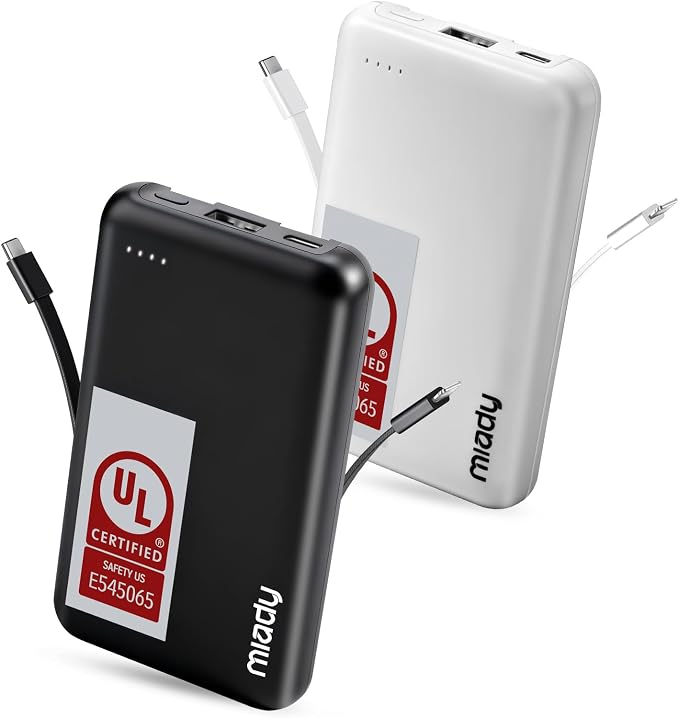 Miady 2-Pack Small Portable Charger UL Listed, 5000mAh Slim Power Bank Built-in 2 Cables Lightweight Travel Battery Pack 3 Outputs 2 Inputs Compatible with iPhone 17/16/15/14/13 Galaxy S24/S22 etc by Miady
