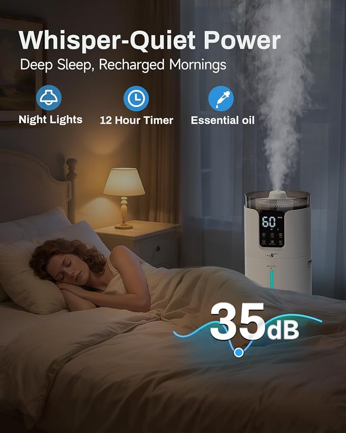 Humidifier Large Room, 4.2 Gal/16L Large Humidifier for 1500 sq.ft, 360° Nozzles Cool Mist Ultrasonic, Top Fill Tower Humidifiers for Bedroom Office Plant wholehouse with Extension Tube, Night Light - Image 6