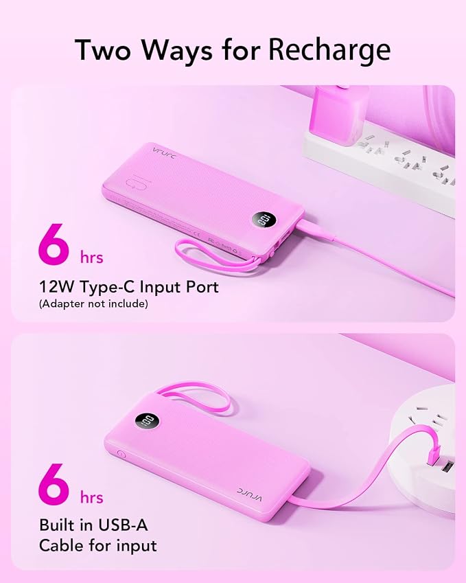 VRURC Portable Charger 10000mAh, Travel Essentials Battery Pack, 5 Output 2 Input Power Bank, Built-in Micro & USB C Cables Phone Charger for iPhone 17 Pro 17 16 15 14 13,Android-Purple(1 Pack) - Image 6
